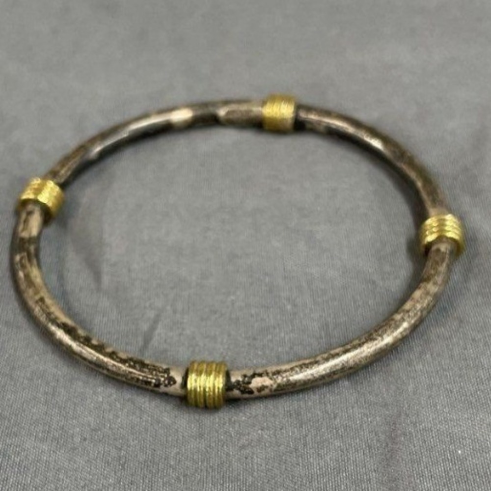 Vintage Taxco Sterling Silver Bangle Bracelet Gold Ribbed Accents TO-52 925 14g